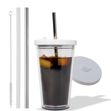 Reusable Iced Coffee Cup 16 OzGrande Leak Proof and Double Wall Insulated Iced Coffee Tumbler Come with Reusable Plastic and Metal Straws and Straw Cleaner