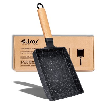 LISOS Tamagoyaki Pan Square Japanese Omelette PanNonstick Egg Roll PanRectangle Frying Pan Wood Handlewith Silicone Brush  Solid Wood SpetulaBlack