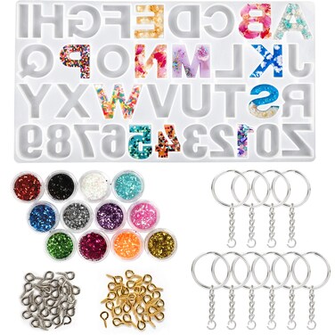 LotFancy Alphabet Molds for Resin Casting 73pcs Keychain Epoxy Molds and Tools Set Backwards Letter Number Silicone Mold DIY Craft Pendant Making with Glitter Sequins Screw Eye Pins Key Rings