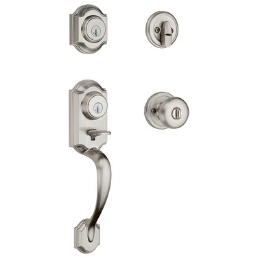 Kwikset Montara Front Door Lock Handle and Deadbolt Set Entry Handleset Exterior with Interior Door Knob Satin Nickel Pick Resistant SmartKey Rekey Deadbolt Security