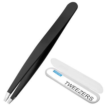 FIVETAS Stainless Steel Tweezers for EyebrowsFlat Tweezer with Case for WomenManGreat Precision on BrowFacial Hair and Ingrown Hair RemovalBlack