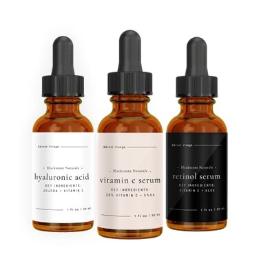 Blackstone Age Defying Facial Serum Set  VitaminC Retinol Hyaluronic Acid 3 Pack for Day and Night Beauty Regimen  All Natural and Moisturizing