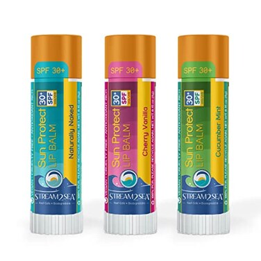 STREAM 2 SEA SPF 30 Organic Lip Balm Set Reef Safe Cherry Vanilla Naturally Naked and Cucumber Mint Moisturizing  Sun Protect Outdoor Lip Balm For Beach and Sports Paraben Free Lip Moisturizer