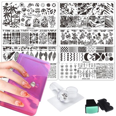 VNC 13pcs Nail Stamp Plates set 8 plate 2Stamper 2Scraper 1storage bag Nails Art Stamping Plate Scraper Stamper Set Leaves Flowerst Travel Patterns Nail plate Template Image Plate