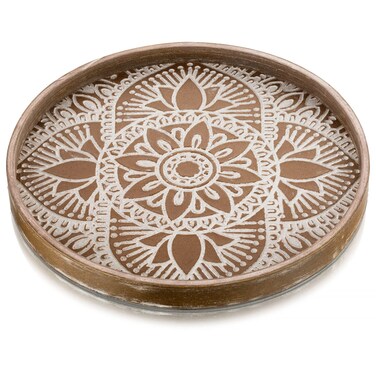 Hanobe Round Wood Decorative Tray Boho Coffee Table Tray Farmhouse Rustic Brown Centerpiece Decor Wooden Serving Trays Circle Tray for Kitchen Counter Bohemian Ottoman Tray for Home