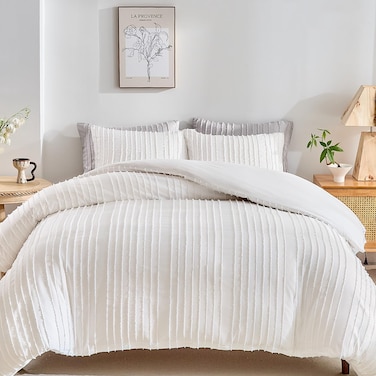 WARMDERN White Boho Duvet Cover Set King Size Striped Textured Duvet Cover Tufted Bedding Set 3 Pcs Ultra Soft Washed Microfiber Duvet Cover with Zipper Closure King White