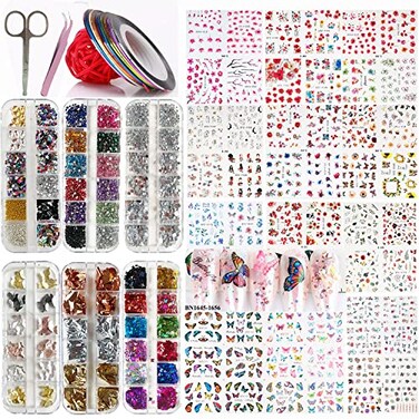 13 Sheets Nail Art StickersNail Art Decoration Kit with 1100 Pieces Nail Water Decals Crystal Rhinestones 3D Butterfly Nail Art Charms Holographic Glitter Sequins Nail Foil Flakes Nail Striping Tape