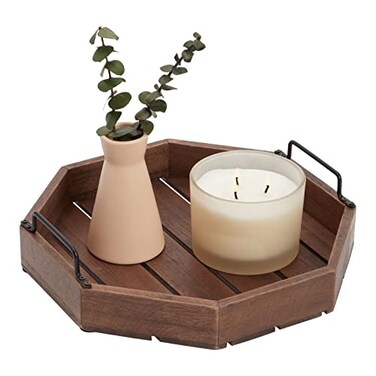 Farmlyn Creek Decorative Rustic Wooden Serving Tray with Metal Handles for Candles Coffee Table Farmhouse Home Decor 1175 x 1175 x 275 in