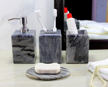 KLEO  Bathroom Accessory Set Made from Natural Stone  Bath Accessories Set of 4 Includes Soap Dispenser Toothbrush Holder Tumbler and Soap Dish Black