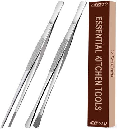 ENESTO Kitchen Tweezers Stainless Steel  Food Tweezers Set 12 inch Fine Tweezer Tongs Extra Long Tweezers 2 pcs Professional Cooking Tweezers with Precision Serrated Tips Cooking Tongs