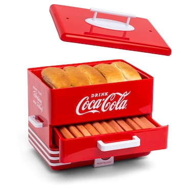 Nostalgia Extra Large DinerStyle CocaCola Hot Dog Steamer and Bun Warmer 24 Hot Dog and 12 Bun Capacity Steam Bratwursts Sausages Vegetables Fish Dumplings Red