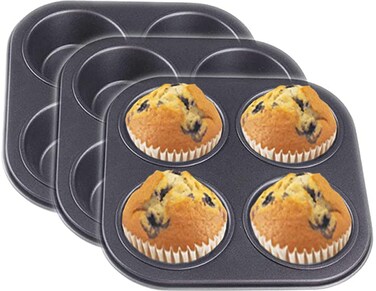 CZXING Cupcake Bakeware Pan and Muffin Cake Pan4 CupNon Stick Carbon Steel Cupcake Baking Pan Quick Release Coating Oven Cake Tray Molds Black 3Pcs