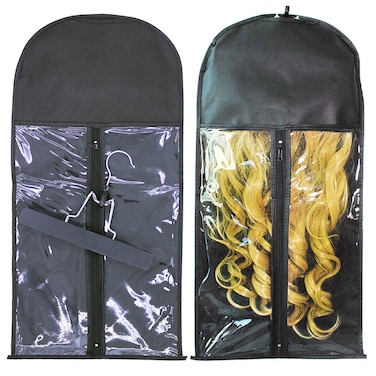 PRUNS Hair Extensions Hanger Bag Hair Extension Storage Bag Wig Storage Bag Hanger Strong HolderWig Carrier case with Transparent Zip Up Closure Lightweight Waterproof and Wooden Hanger