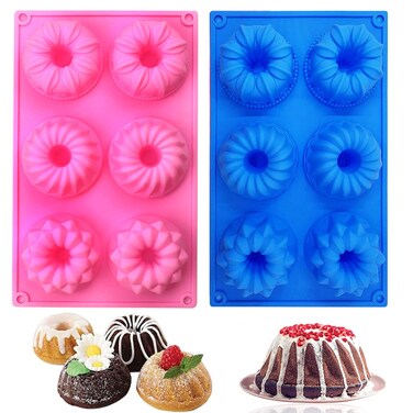 SAGOOITS Silicone Mini Bundt Cake Pans 6Cavity Fluted Tube Cake Pan Nonstick Silicone Baking Mold for Cupcakes Donuts Cornbread Brownies Jellies2 Packs Pink Blue
