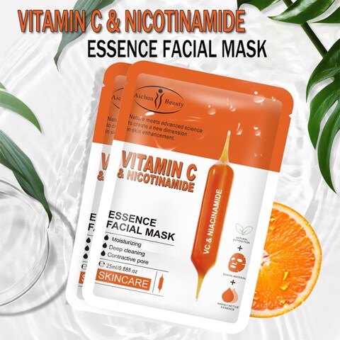 AICHUN BEAUTY Essence Facial Mask Tencel Material Antiacne Antiwrinkles After Sun Moisturizing Deep Cleaning Contractive Pore 25ml088floz X 10pcs VITAMIN C  NICOTINAMIDE10pcs
