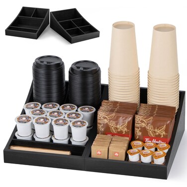 ANBOXIT Coffee Station Organizer for Countertop Coffee Condiment Service Tray Coffee Bar Supplies Organizer for Home Office and Breakroom  Wooden Black 9 Compartment TwoinOne
