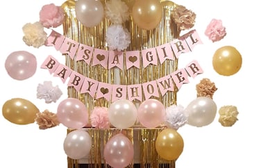 KMusculo Baby Shower Decorations for Girl Party Supply Kit Including Pom pom Gold Foil CurtainLatex Balloons Gold Pink It is A Girl Baby Shower Including 72 ft Banner and 98 FT Gold Foil Curtain