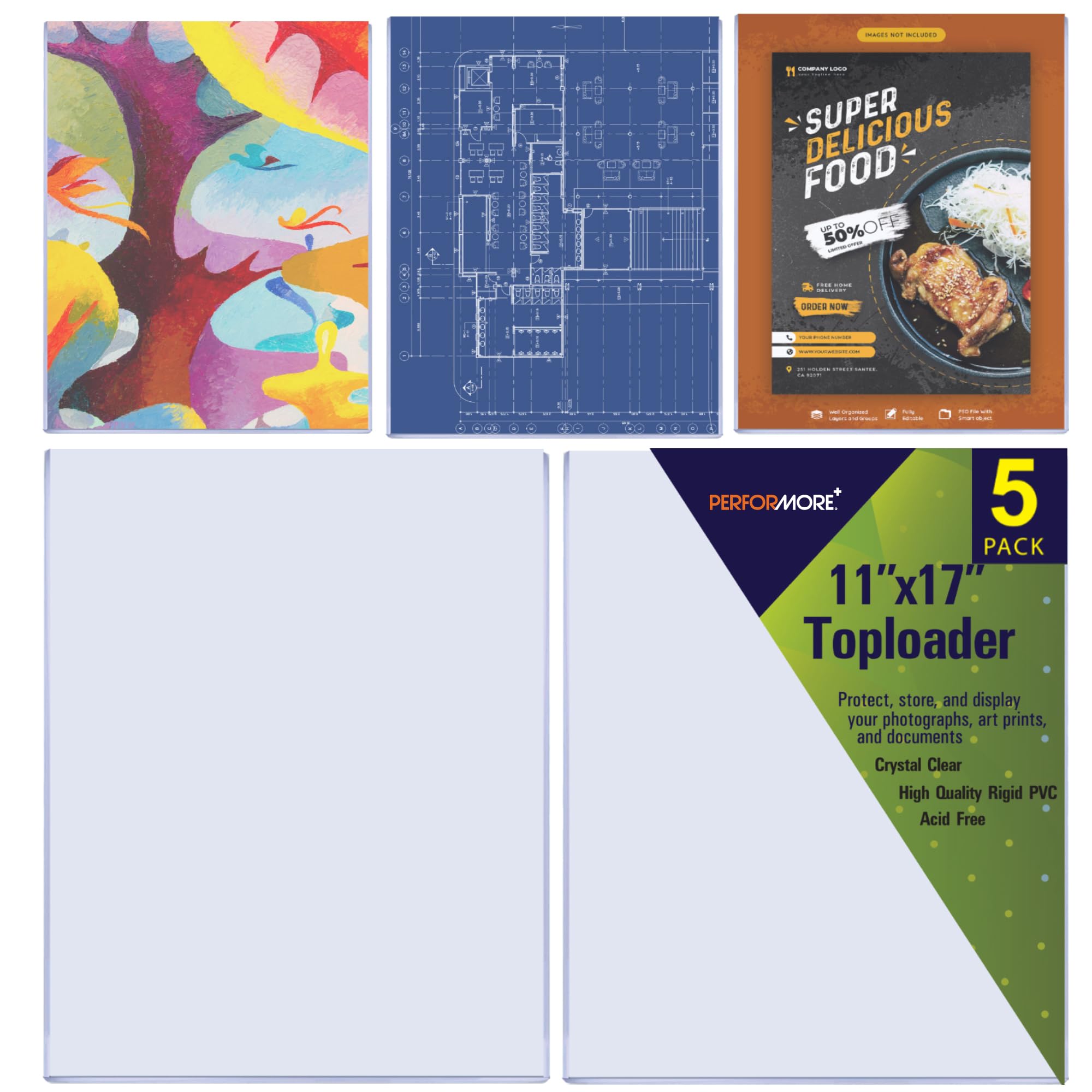 performore Performore 11 X 17 Heavy Duty Rigid Print Crystal Clear Toploader Frame