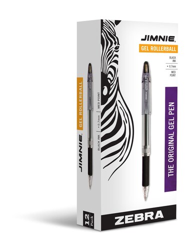 Zebra Pen Jimnie Roller Ball Stick Gel Pen Black Ink Medium Point 07mm 12Count 44110