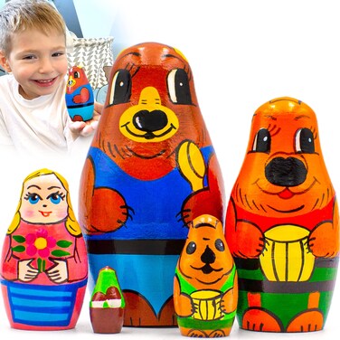 Goldilocks Nesting Dolls Set of 5 pcs  Matryoshka Doll with Characters from Fairy Tale Goldilocks and The Three Bears