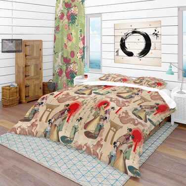 DesignQ Japanese Geishas  Dragons Oriental Duvet Cover Set