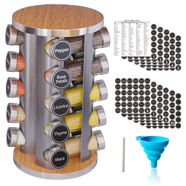 Revolving Spice Rack Set with 20 Spice Jars Kitchen Spice Tower Organizer for Countertop or Cabinet  Carousel Storage Includes 386 Spice Labels  Desktop Rotating Seasoning Organizer