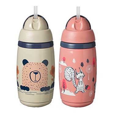 Tommee Tippee Insulated Straw Bottle 9oz Spill Proof Toddler Water Bottle For 12 Months Flip Lid Helps Keep Straw Clean Pink and Grey 2 Count