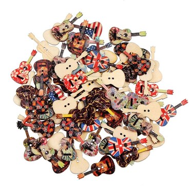 Wooden ButtonsRainbowBaby 100pcs Mixed Sewing Buttons Creative Novelty Handmade 2 Holes Scrapbooking Buttons DIY Decor Craft MultiGuitar