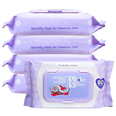 Violet Vibes Flushable Wipes for Women  Coconut Rose 400 Count Plant Based Gentle on Sensitive Skin