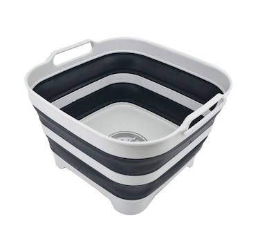 SAMMART 10L 264 Gallon Collapsible Dishpan with Draining Plug  Foldable Washing Basin  Portable Dish Washing Tub  Space Saving Kitchen Storage Tray GreySlate Grey