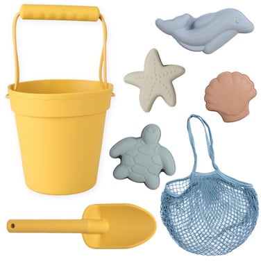 BLUE GINKGO Silicone Beach Toys  Modern Baby  Travel Friendly Beach Toys Set  Silicone Bucket Shovel 4 Sand Molds Beach Bag  Sand Toys for Toddlers Kids  Yellow