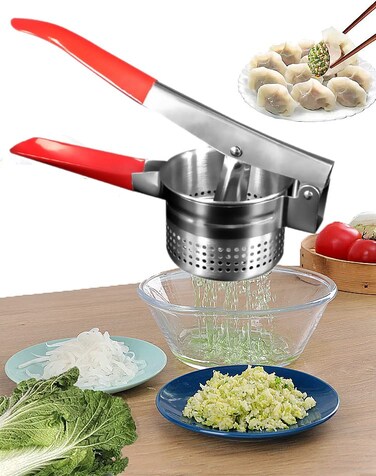 ZECARFA Stainless Steel Vegetable Squeezer Upgrade Red Silicone Handle Metal Vegetable Water Squeezer for Vegetable Squeezing Liquid