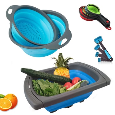 CdyBox New Version 11Pack Silicone Kitchen Strainer Collapsible Colander with Foldable Silicone Measuring Spoon Measuring Cup Kitchen Good Tools Blue 96  11