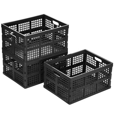 Eslite 34L Large Plastic Folding Storage CratesCollapsible Crates for StoragePack of 3 Black