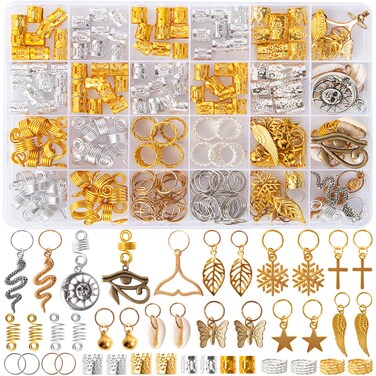 Vaikby 201PCS Hair Jewelry Beads for Braids Gold and Silver Hair Dreadlock Accessories Metal Hair Rings Hair Charms Pendants Braid Cuffs Clips Accessories Loc Jewelry for Women Braids Decoration