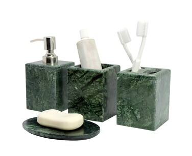 KLEO  Bathroom Accessory Set Made from Natural Stone  Bath Accessories Set of 4 Includes Soap Dispenser Toothbrush Holder Tumbler and Soap Dish Green