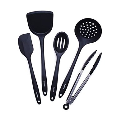 GreenPan 5 Piece Cooking Utensil Set Flexible Nonstick Silicone StainFree Tongs Turner Spatula Skimmer and Slotted Spoon Black