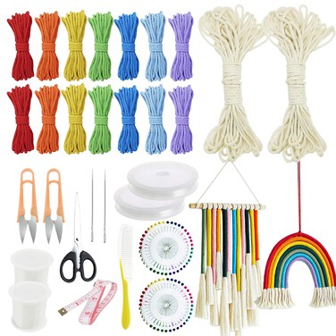 Allazone Rainbow Wall Hanging Kit 8 PackDIY Rainbow Wall Decor Craft Kit Cotton Macrame Cord Rope Pearl Needle Crystal String Rope for Bedroom Nursery Baby Kids Rooms Small