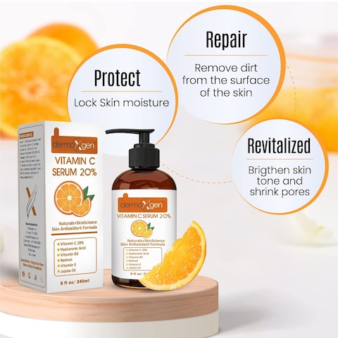 Dermaxgen 20 Vitamin C Serum  Hyaluronic Acid  Retinol  Vitamin E  Vitamin B PURE ORGANIC Boost Skin Collagen Moisturizer Anti Aging  Wrinkle Facial Serum 8 FL OZ