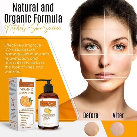 Dermaxgen 20 Vitamin C Serum  Hyaluronic Acid  Retinol  Vitamin E  Vitamin B PURE ORGANIC Boost Skin Collagen Moisturizer Anti Aging  Wrinkle Facial Serum 8 FL OZ