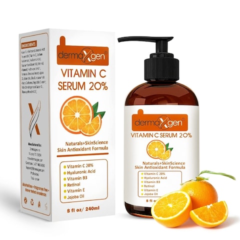 Dermaxgen 20 Vitamin C Serum  Hyaluronic Acid  Retinol  Vitamin E  Vitamin B PURE ORGANIC Boost Skin Collagen Moisturizer Anti Aging  Wrinkle Facial Serum 8 FL OZ