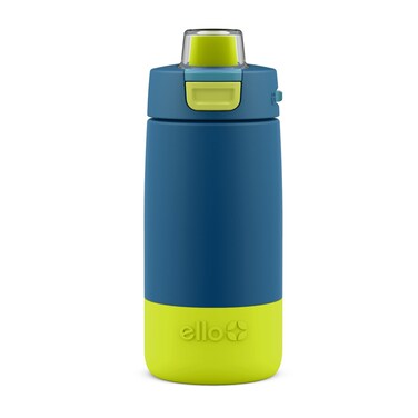 Ello Kids Colby 12oz Stainless Steel Insulated Water Bottle with Straw and BuiltIn Silicone Coaster Carrying Handle and LeakProof Locking Lid for School Backpack Lunchbox and Outdoor Sports Teal