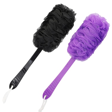 Back Scrubber Brush Long Handle for Shower Loofah On a Stick Sponge Back Brush Body Exfoliator Scrubber Bath Brush for Men Women Exfoliating Cleaning Back Scrubber for Elderly 2 PackBlackPurple
