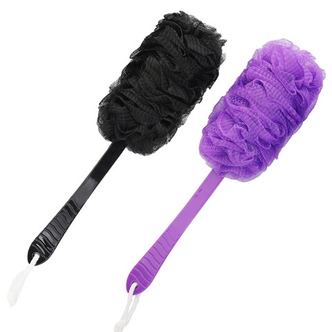Back Scrubber Brush Long Handle for Shower Loofah On a Stick Sponge Back Brush Body Exfoliator Scrubber Bath Brush for Men Women Exfoliating Cleaning Back Scrubber for Elderly 2 PackBlackPurple