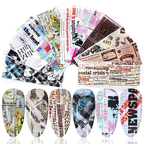 10 Sheets Newspaper Nail Foil Transfers Stickers Holographic Letters Words Nail Foils Adhesive Decals for DIY Manicure Tip Design Decoration of Nail Art Salon for Women