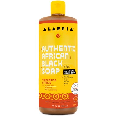 Alaffia Skin Care Authentic African Black Soap All in One Liquid Soap Acne Face Wash Moisturizing Body Wash Shampoo Shaving Soap Shea Butter Tangerine Citrus 32 Fl Oz