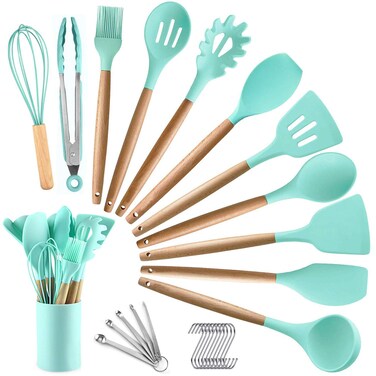 Kitchen Cooking Utensils Set 27 pcs Nonstick Silicone Cooking Kitchen Utensils Spatula Set with Holder Wooden Handle Heat Resistant Silicone Kitchen Gadgets Utensil Set