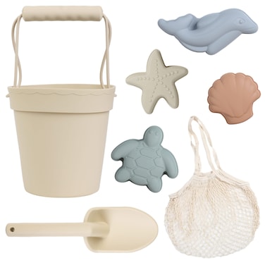 BLUE GINKGO Silicone Beach Toys  Modern Baby Travel Friendly Beach Set  Bucket Shovel 4 Sand Molds Bag  Sand Toys for Toddlers Kids  7pc Beige
