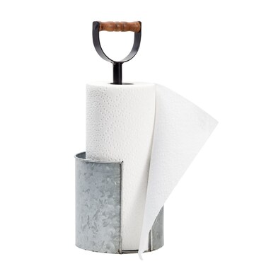 Kitchen Paper Towel Holder for Countertop with Wooden Handle Galvanized Farmhouse Decor 6 x 16 in