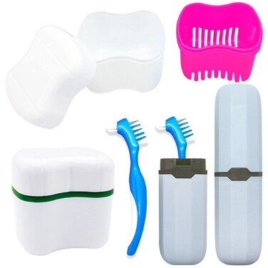 Denture Case Kit 2 Denture Bath Cups with 2 Denture Brush  2 Portable Toothbrush Box Denture Brush Retainer Bath with Lid Retainer Cleaning Denture Boxes Toothbrush Kit for Travel